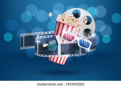 Cinematograph concept banner design template with popcorn, drink, film reel, film tape and ticket on blue bokeh background