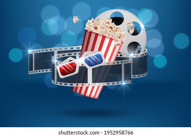 Cinematograph concept banner design template with popcorn, drink, film reel, film tape and ticket on blue bokeh background