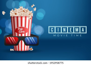 Cinematograph concept banner design template with popcorn, drink, film reel, film tape and ticket on blue bokeh background