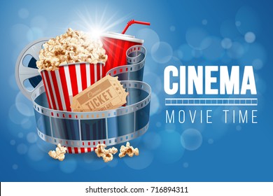 Cinematograph concept banner design template with popcorn, drink, film reel, film tape and ticket on blue bokeh background. Realistic vector illustration.