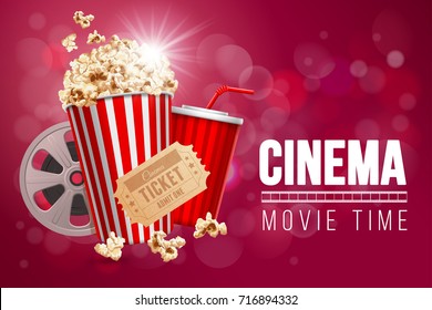 Cinematograph concept banner design template with popcorn, drink, film reel, film tape and ticket on red bokeh background. Realistic vector illustration.