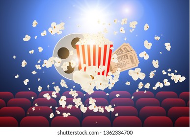 Cinematograph concept banner for the film industry. Popcorn, drink, theater seats and tickets on a background with highlights. High detailed realistic illustration.