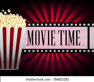 Cinematograph elements of the film industry banner design. Movie Time, online. Popcorn and film strip. Vector illustration.    