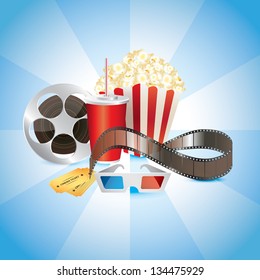 cinematograph, film, popcorn, cola, and 3D glasses photo-realistic vector