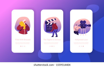 Cinematograph Industry Mobile App Page Onboard Screen Set. Operator with Camera, Staff with Clapperboard Recording Film. Movie Making Concept for Website or Web Page. Cartoon Flat Vector Illustration