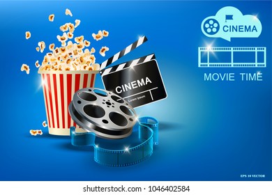 Cinematograph, popcorn for movie theater and online cinema, reel with film, online cinema, cinema concept banner, strip cinematography