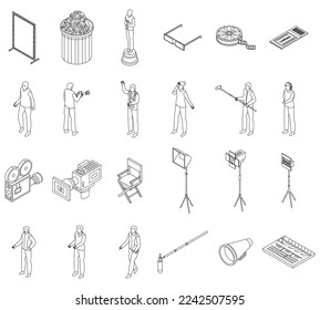 Iconos cinematógrafos establecidos. Conjunto isométrico de iconos vectoriales cinematográficos para el diseño web aislados en el contorno de fondo blanco