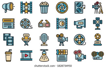 Iconos cinematógrafos establecidos. Conjunto de esquemas de iconos vectoriales cinematográficos color de línea delgada plano sobre blanco