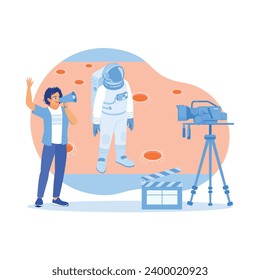 El cinematógrafo graba escenas en Marte con una gran pantalla LED. Detrás de las escenas de la producción cinematográfica astronauta. Concepto de producción cinematográfica. Ilustración plana vectorial moderna de tendencia