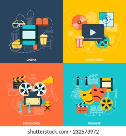 Cinematographic production retro style symbols with movie theater seats tickets four flat icons composition abstract vector illustration