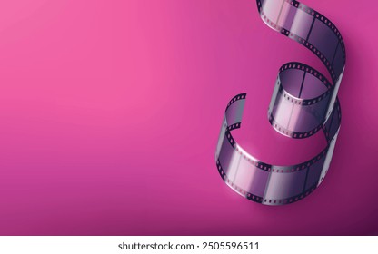 Cinematography banner with film and photography tape strip roll and empty space for text. Realistic 3d vector illustration of abstract curved photo and video negative 35mm stripe on pink background.