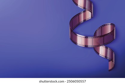 Cinematography banner with film and photography tape strip roll and empty space for text. Realistic 3d vector illustration of abstract curved photo and video negative 35mm stripe on blue background.