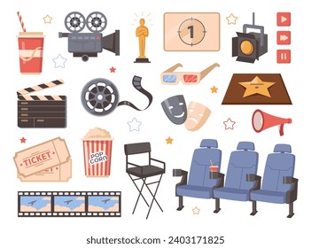 Cinematography and cinema industry elements. Vector isolated clapperboard and reel, projector and screen with movie. Tickets to film and seats for audience, pop corn and soda or milkshake