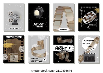 Cinematography cinema and movie equipment banners set, film industry, art and entertainment. Movie spotlight, camera and film strip, movie premiere. Film production vintage equipment for shooting