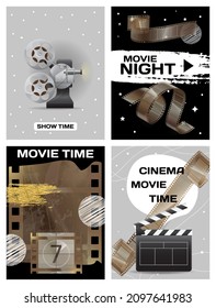 Cinematography cinema and movie vector illustration cinema equipment banners set. Movie spotlight, camera and film clapper board, movie premiere. Film production vintage equipment for shooting