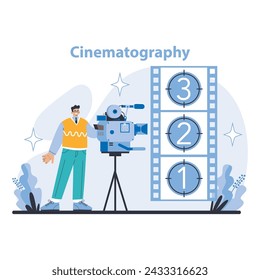 Cinematography concept. The art of filmmaking and visual storytelling. Director's craft in movie production. Film industry technology and evolution. Flat vector illustration.
