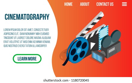 Cinematography concept banner. Isometric banner of cinematography vector concept for web, giftcard and postcard