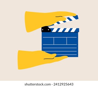 Cinematography concept. Hands holding movie clapper board. Colorful vector illustration
