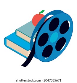 Icono de concepto cinematográfico vectorial isométrico. Película, dos libros y manzana roja. Arte de cine, cine, pasatiempo y ocio