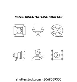 Cinematography concept. Movie line icon set. Collection of vector signs of studio light, directors armchair, cine film, loud speaker, videocamera, film, celluloid