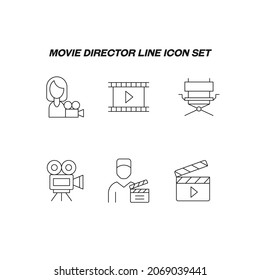 Cinematography concept. Movie line icon set. Collection of vector signs of female movie director, cine film, directors armchair, clapperboard, videographer
