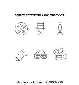 Cinematography concept. Movie line icon set. Collection of vector signs of cine film, directors armchair, award statue, 3d glasses, video camera