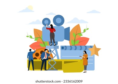 cinematography concept, online cinema, little man and woman shooting video vector, live streaming, recording video for filming, video clipping, vector illustration on a white background.