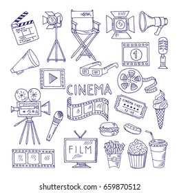 Cinematography doodle set. Video movie entertainment icons. Video cinema multimedia, movie film illustration