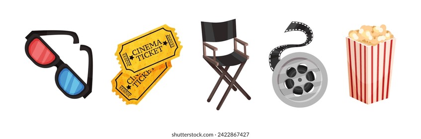 Cinematography Element and Object with 3d Glasses, Ticket, Chair, Reel and Popcorn Vector Set