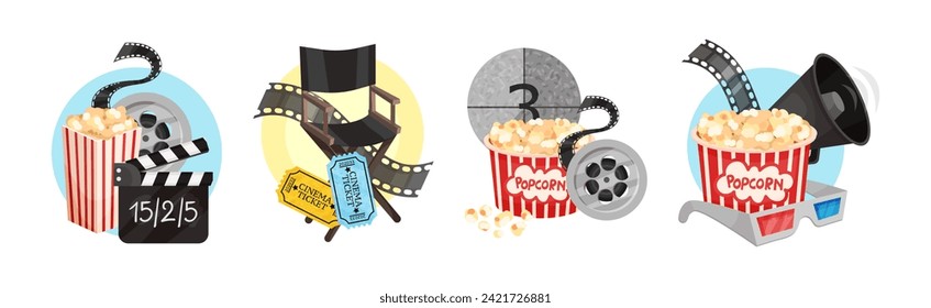 Cinematography Element and Object with Popcorn, Tickets, Reel and Clapperboard Vector Set