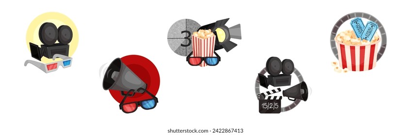 Cinematography Element and Object with Popcorn, Tickets, Reel and Clapperboard Vector Set