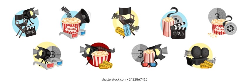 Cinematography Element and Object with Popcorn, Tickets, Reel and Clapperboard Vector Set