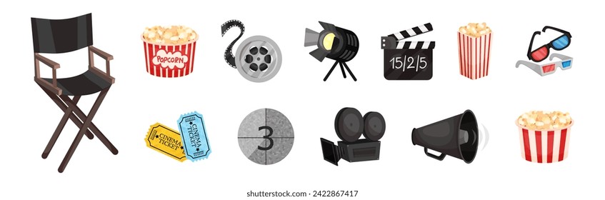 Cinematography Element and Object with Popcorn, Tickets, Reel and Clapperboard Vector Set