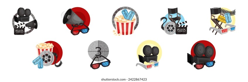 Cinematography Element and Object with Popcorn, Tickets, Reel and Clapperboard Vector Set