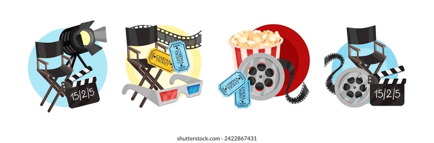 Cinematography Element and Object with Popcorn, Tickets, Reel and Clapperboard Vector Set