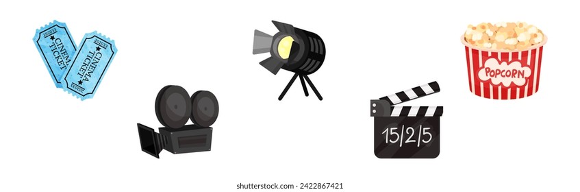 Cinematography Element and Object with Tickets, Camera, Projector, Popcorn and Clapperboard Vector Set