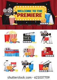 Cinematography elements concept with cinema building equipment tickets furniture and snacks isolated vector illustration