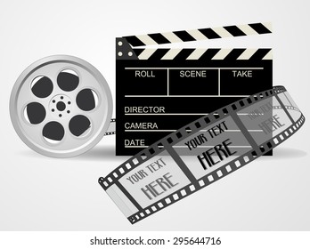 Cinematography equipment concept - Film and black color clapper board - video icon. 3d blank cinema clap and movie reel, vector art image illustration, monochrome design, isolated on white background