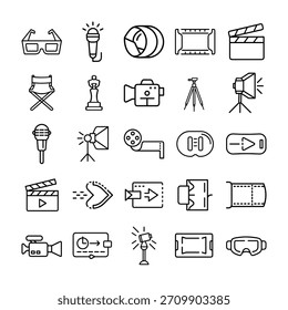 Equipo de cinematografía simple conjunto de iconos de contorno escena de filmación