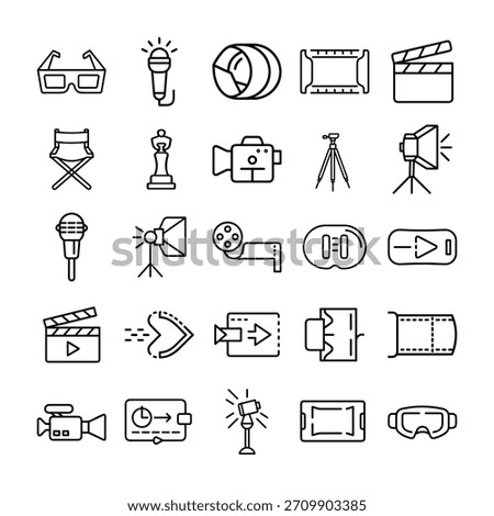 Cinematography equipment simple set of outline icons filming scene
