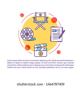 Cinematography, filmmaking industry article page vector template. Brochure, magazine, booklet design element with linear icons and text boxes. Print design. Concept illustrations with text space