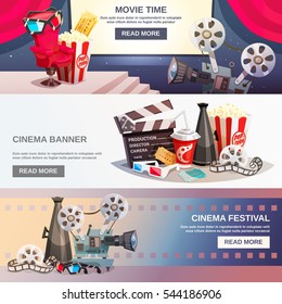 Cinematography flat horizontal banners with movie time and cinema festival design compositions in retro style vector illustration