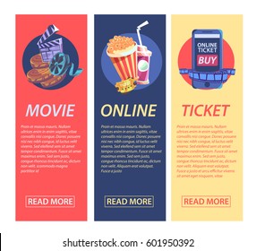 Cinematography flat vertical banner with movie time and cinema festival design compositions in retro style.  Vector illustration