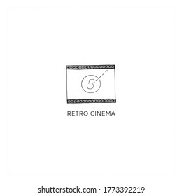 Cinematography hand drawn illustration. Vector premade logo template with a cinema film. For branding and business identity. For movie houses, shops and cafe.