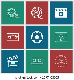 Cinematography icon. collection of 9 cinematography filled and outline icons such as film tape, movie clapper. editable cinematography icons for web and mobile.