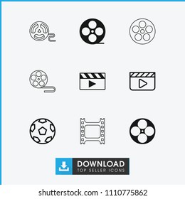 Cinematography icon. collection of 9 cinematography filled and outline icons such as movie tape, clapper board, camera tape. editable cinematography icons for web and mobile.