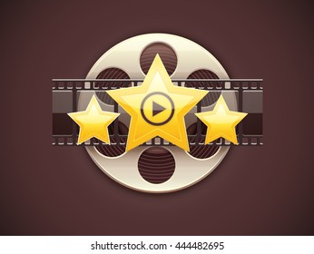 Cinematography icon online cinema logo design creative art concept with movies disc film tape and golden stars vector illustration