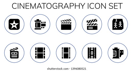 cinematography icon set. 10 filled cinematography icons.  Collection Of - Movie, Clapperboard, Reel, Film, Strip, Art, Film roll