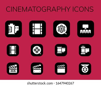 conjunto de iconos cinematográficos. 12 iconos llenos de fotografía. Incluye rollo de película, película, cartón, película, carrete de película, cine, iconos de tambores