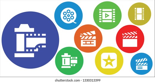 cinematography icon set. 9 filled cinematography icons.  Simple modern icons about  - Film, Film roll, Reel, Movie, Clapperboard